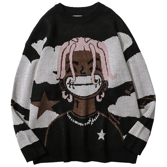 LATAHUO Long Sleeve Crewneck Anime Rapper Knit Sweater Harajuku Hip Hop Rap Vintage Knitted Sweater Streetwear