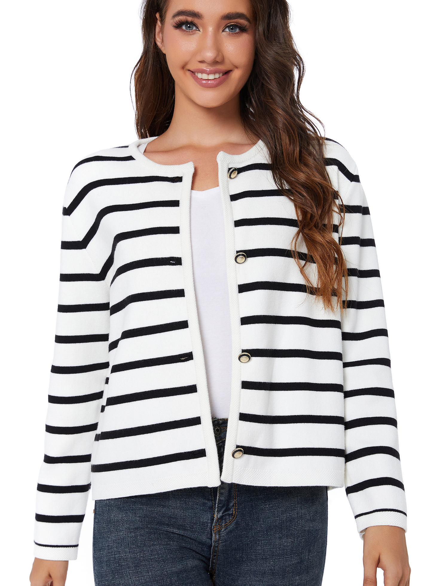 LATAHUO Women's Striped Cardigan Sweater Trendy Long Sleeve Button Down Crewneck Knit Cardigans