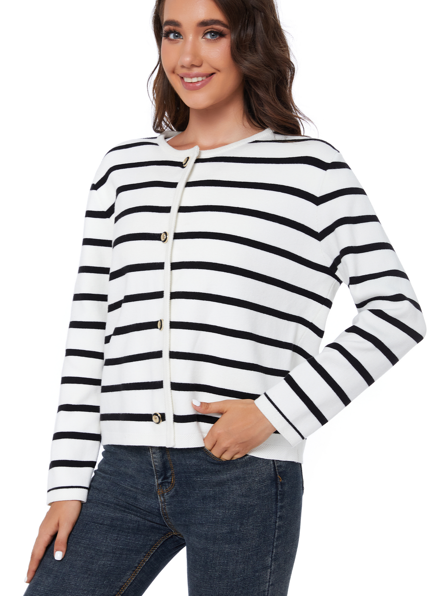 LATAHUO Women's Striped Cardigan Sweater Trendy Long Sleeve Button Down Crewneck Knit Cardigans