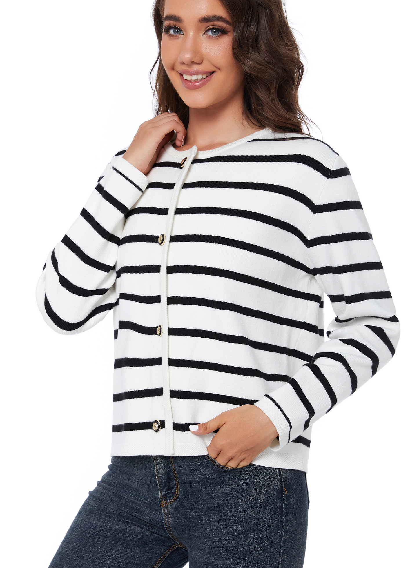 LATAHUO Women's Striped Cardigan Sweater Trendy Long Sleeve Button Down Crewneck Knit Cardigans