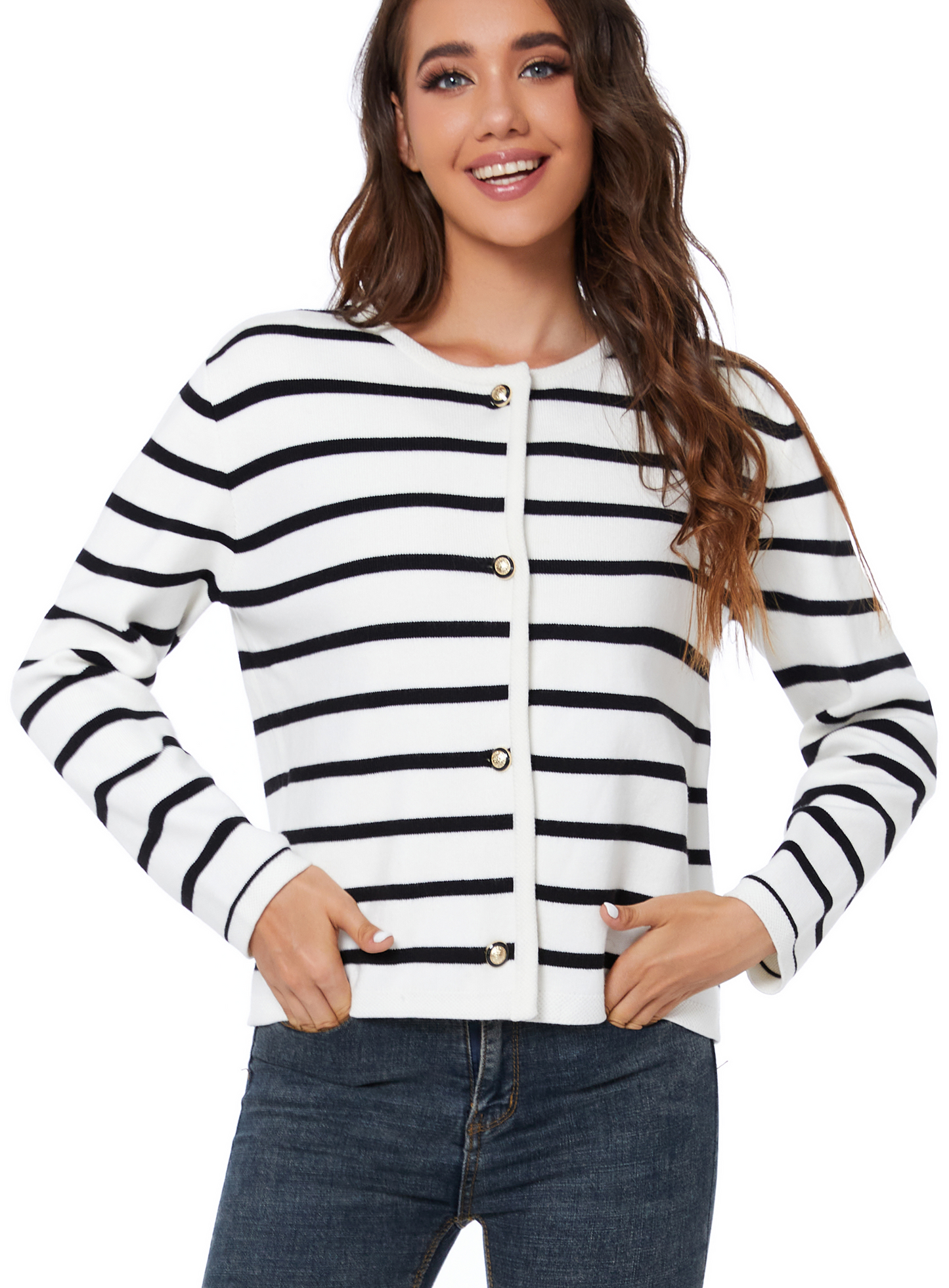 LATAHUO Women's Striped Cardigan Sweater Trendy Long Sleeve Button Down Crewneck Knit Cardigans