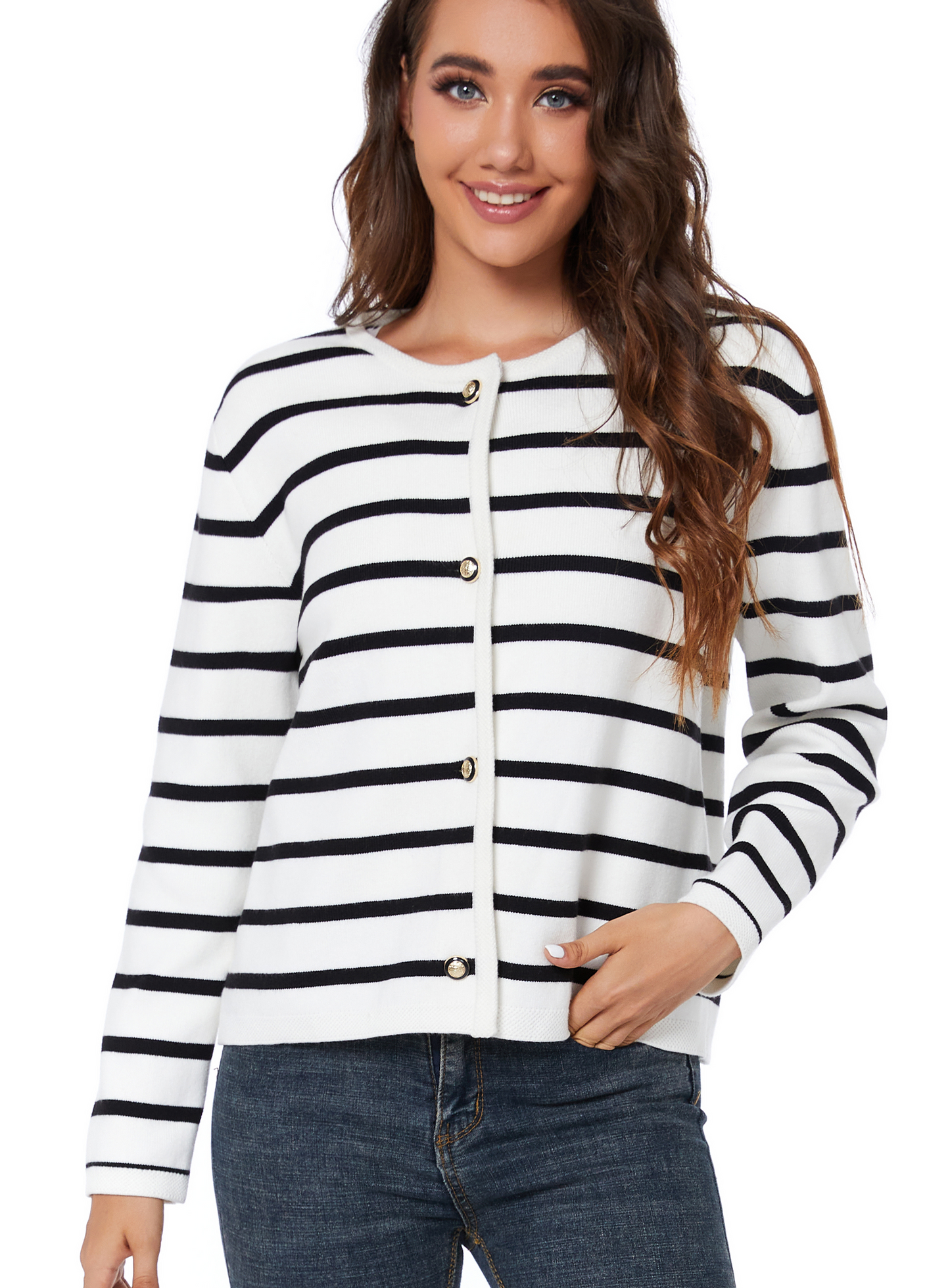 LATAHUO Women's Striped Cardigan Sweater Trendy Long Sleeve Button Down Crewneck Knit Cardigans