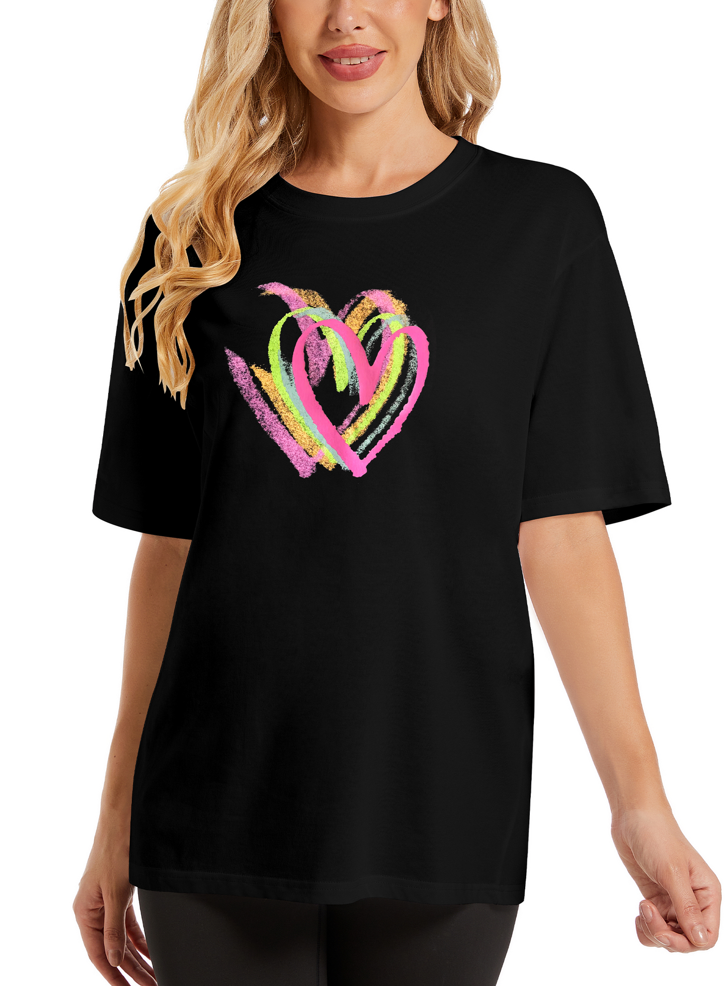 LATAHUO Womens Oversized Heart Graphic T Shirts Cotton Loose Fit Short Sleeve Cute Casual Summer Tees Tops