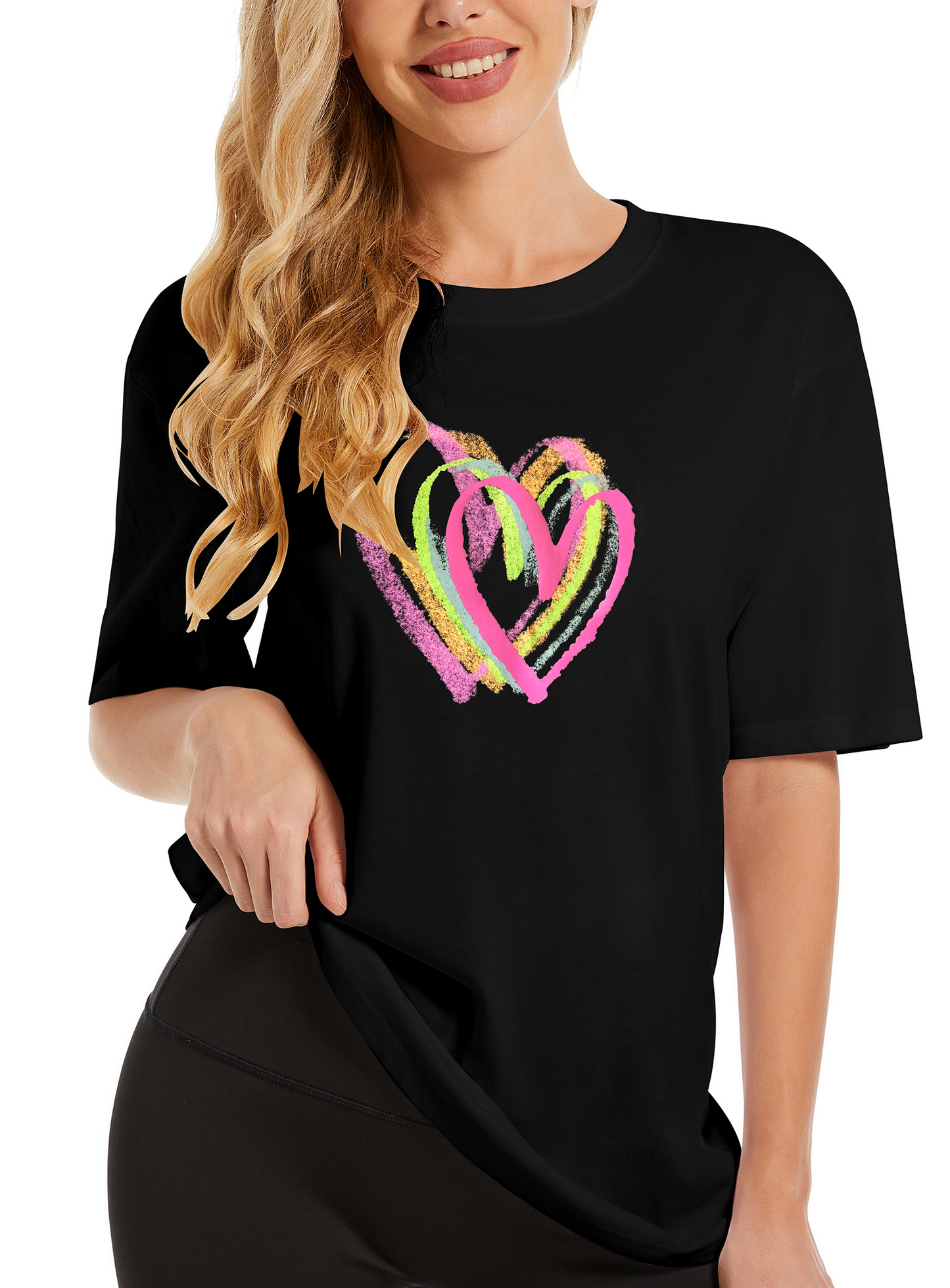 LATAHUO Womens Oversized Heart Graphic T Shirts Cotton Loose Fit Short Sleeve Cute Casual Summer Tees Tops