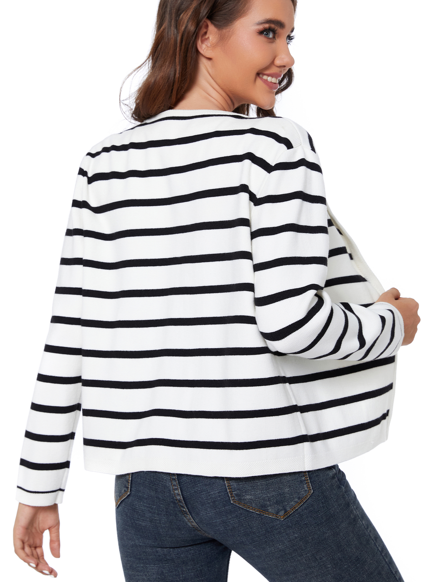 LATAHUO Women's Striped Cardigan Sweater Trendy Long Sleeve Button Down Crewneck Knit Cardigans