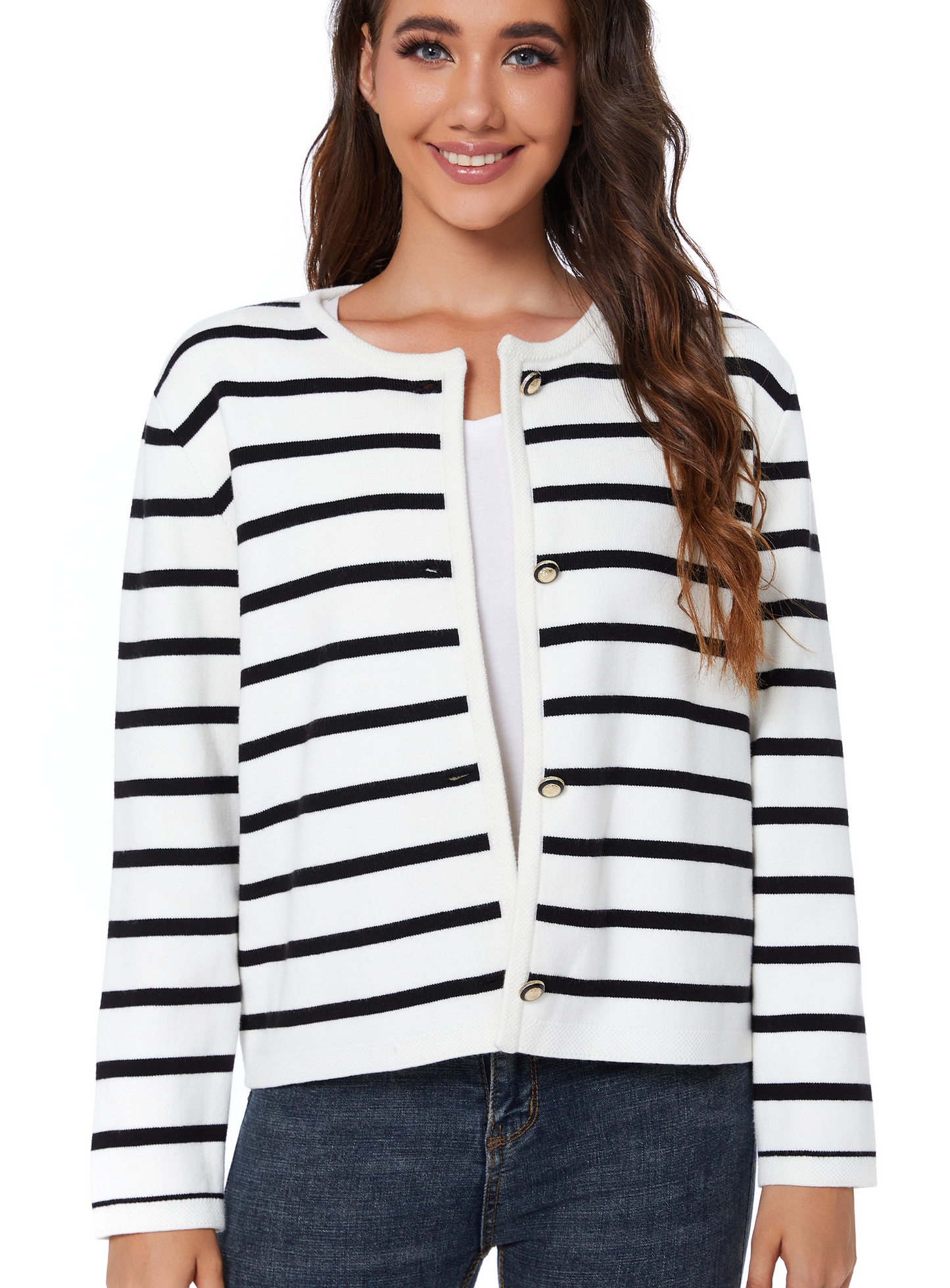 LATAHUO Women's Striped Cardigan Sweater Trendy Long Sleeve Button Down Crewneck Knit Cardigans